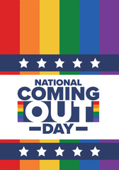 National Coming Out Day. Happy holiday. Pride month. LGBT rainbow flag. Diversity and equality. Gay and lesbian. Free love, heart shape. Illustration. Vector poster