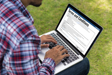 Digital legal contract provide terms and conditions document on computer screen ready for online...