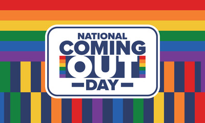 Obraz premium National Coming Out Day. Happy holiday. Pride month. LGBT rainbow flag. Diversity and equality. Gay and lesbian. Free love, heart shape. Illustration. Vector poster