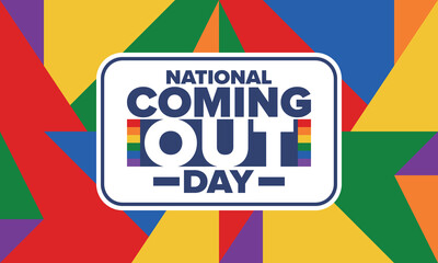 National Coming Out Day. Happy holiday. Pride month. LGBT rainbow flag. Diversity and equality. Gay and lesbian. Free love, heart shape. Illustration. Vector poster