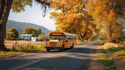 Obraz premium Yellow school bus is picking up children in a suburban neighborhood at sunrise. AI generated image