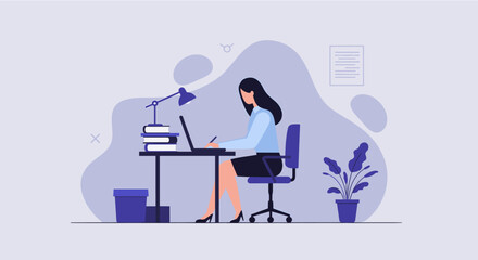 a woman seated at a desk, engrossed in work on a laptop, surrounded by a potted plant and a stack of books. Suitable for landing page, banner, marketing, web design, presentation, infographic, etc.