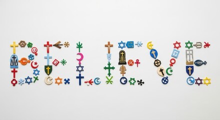 the word &ldquo;believe&rdquo; spelled with colorful religious symbols on white background