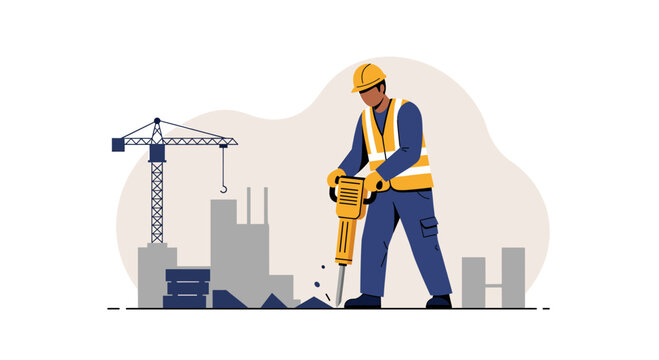 An illustrated construction worker uses a jackhammer on a building site, with a crane in the background, representing construction, industry, and labor in a flat design style.