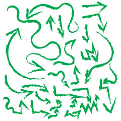 Hand drawn curved and straight arrow set. Black grunge sketch arrow collection. Doodle sketched pointers and direction lines. Wavy and zigzag brush stroke bundle for flyer, poster, brochure. Vector