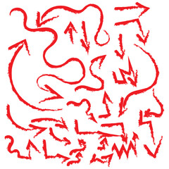 Hand drawn curved and straight arrow set. Black grunge sketch arrow collection. Doodle sketched pointers and direction lines. Wavy and zigzag brush stroke bundle for flyer, poster, brochure. Vector