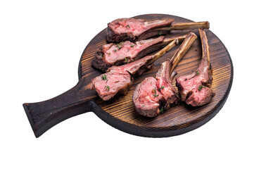 French roast lamb chops, mutton meat steaks on wooden board isolated on white backgrounds