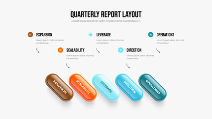 Market Growth Five Option Infographic Slideshow Layout. Sales Performance 5 Step Diagram Frame Design. Advertising Analysis Slide Template Vector Illustration.