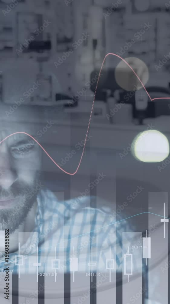 Poster animation of tired businessman using computer, financial data processing over shop