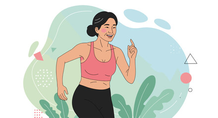 a woman in a pink sports top and black leggings, smiling and gesturing with her right hand. Suitable for landing page, banner, marketing, web design, presentation, infographic, etc.