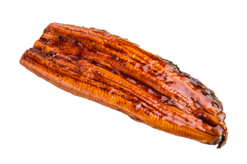 Japanese unagi eel, grilled fish fillet of eel isolated on white background. top view