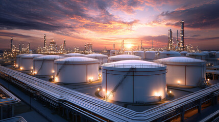 Oil Refinery Facility with Storage Tanks and Pipelines