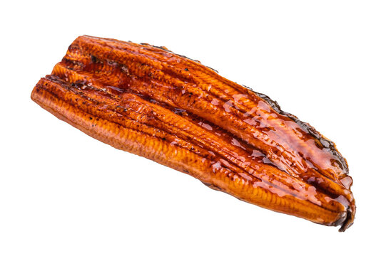 Japanese unagi eel, grilled fish fillet of eel isolated on white background. top view