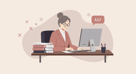 Professional woman in flat design working on a computer at her desk, ideal for business presentations and marketing landing pages.