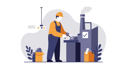 A flat design illustration depicts an industrial worker in a factory setting, diligently assembling components for production.