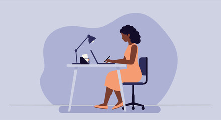 a woman sitting at a desk, working on a laptop with a lamp on the desk beside her. Suitable for landing page, banner, marketing, web design, presentation, infographic, etc.