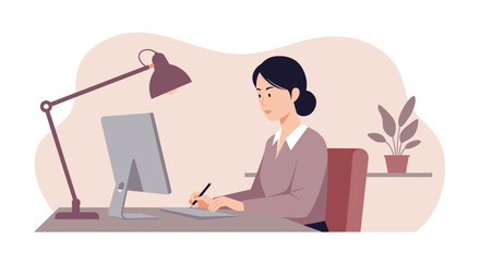 A woman is seated at a desk, focused on her work on a computer, with a lamp providing light to her workspace. Suitable for landing page, banner, marketing, web design, presentation, infographic, etc.