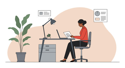 An illustration depicts a woman working on a laptop at a desk, possibly designing a landing page, with a plant and other office elements in a flat design style.