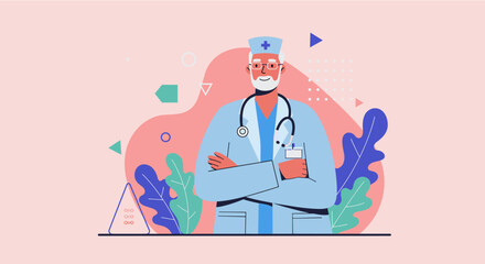 a doctor with crossed arms, wearing a blue coat and a cap. Suitable for landing page, banner, marketing, web design, presentation, infographic, etc.