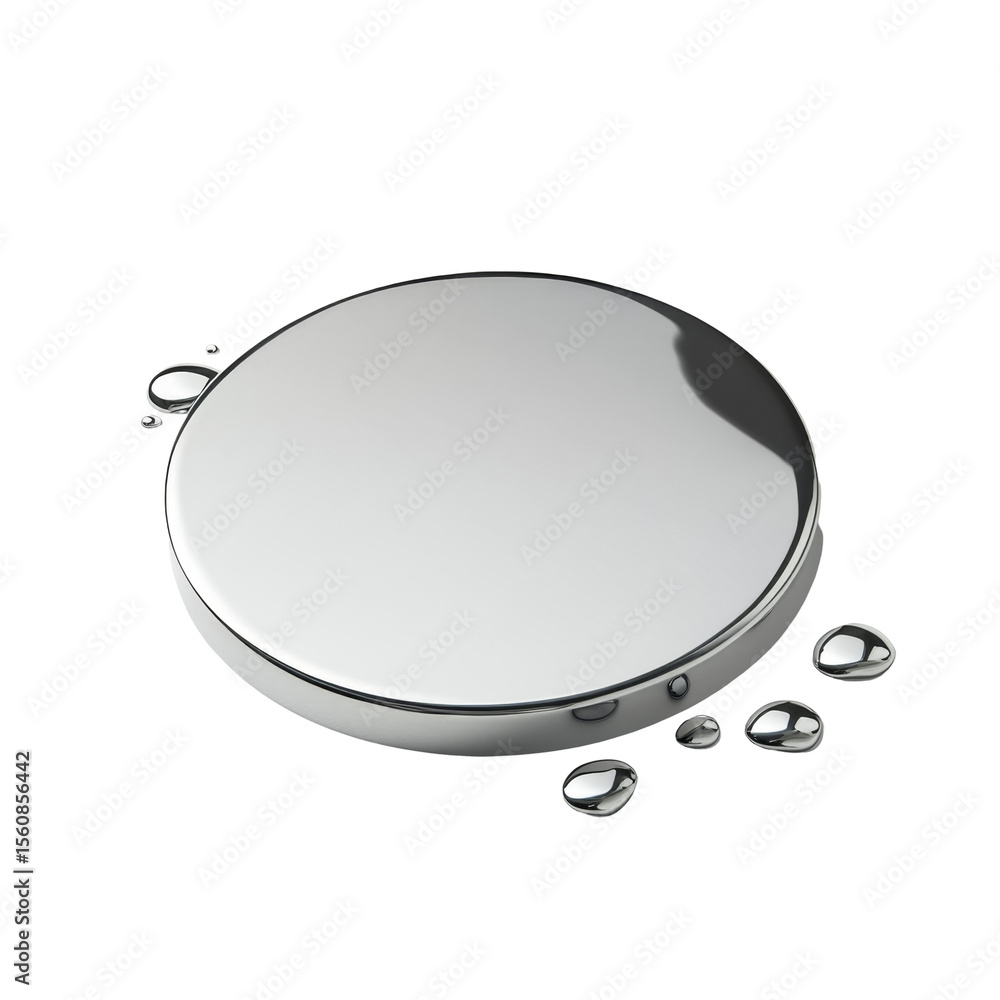 Poster silver round object with reflective surface and droplets