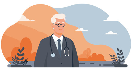 A professional senior male doctor wearing a suit and stethoscope, portrayed in a vibrant flat design illustration for healthcare web and marketing content.