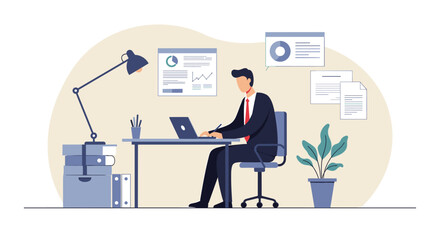 A professional businessman in a suit diligently works on his laptop at a modern office desk, surrounded by data charts and documents, in a clean flat design illustration.