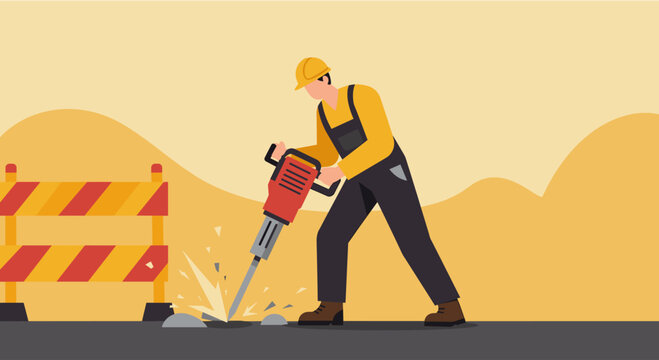 A diligent construction worker in a hard hat and overalls operates a powerful jackhammer, breaking asphalt on a roadwork site.