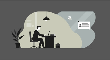 A flat design illustration shows a person working at a desk in an office setting, utilizing a laptop for web design and marketing tasks, ideal for presentations and landing pages.