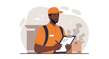 A professional African American delivery man in an orange uniform signs a document on a clipboard next to a package, depicted in a modern flat design illustration.