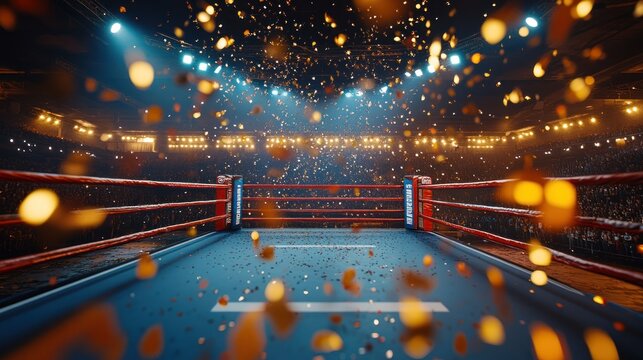 Boxing ring, confetti, spotlights, arena