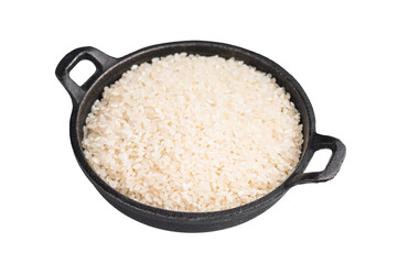 Uncooked white Rice in a bowl isolated on white background. top view