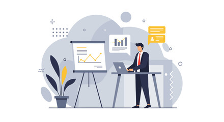 A professional businessman analyzes data on a laptop while presenting a growth chart on an easel, depicted in a modern flat design illustration.