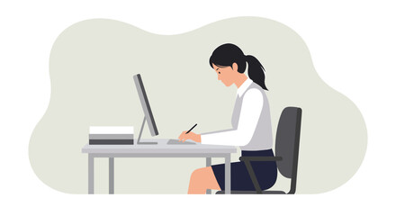 A woman is sitting at a desk, focused on writing or working on a computer, with a stack of books beside her. Suitable for landing page, banner, marketing, web design, presentation, infographic, etc.