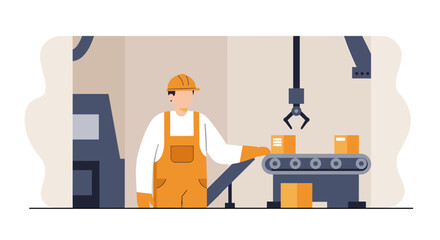 A flat design illustration depicts a factory worker monitoring an automated production line with boxes on a conveyor belt.