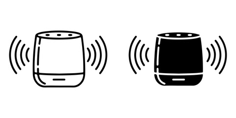 Smart Speaker with Sound Waves Outline and Silhouette Vector Icons Isolated on White
