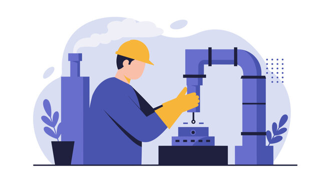 Modern flat design illustration of a factory worker operating machinery on an industrial production line, perfect for web banners.