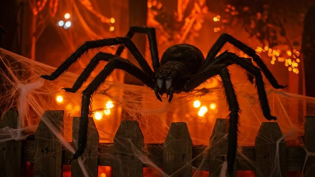 Spooky giant black spider menacingly perched on a fence representing a Halloween decoration against a yard with orange lights
