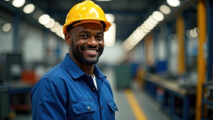Construction African American worker in uniform looking at the camera. Copy place.