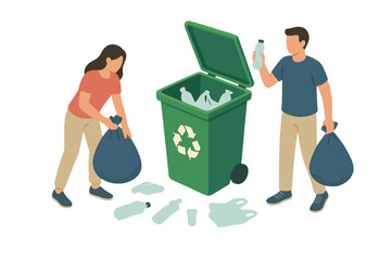Isometric vector illustration depicting people collecting plastic waste and putting it into a recycling bin, highlighting the issue of plastic pollution