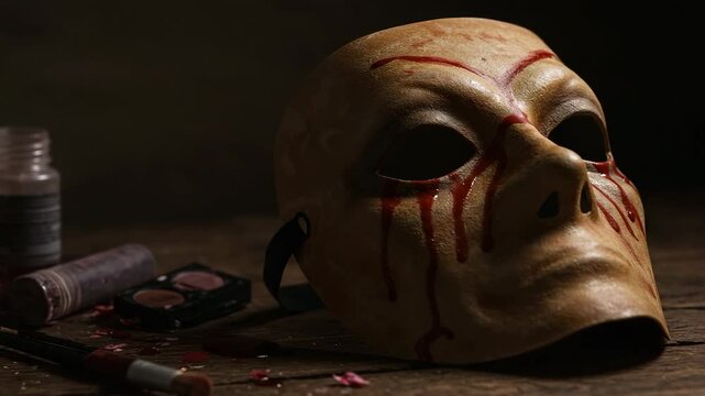 Scary bloody mask and makeup supplies, in dark horror colors, for a Halloween costume
