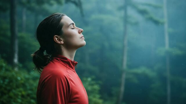 Serene woman in sportswear peacefully breathing fresh air against a misty forest background