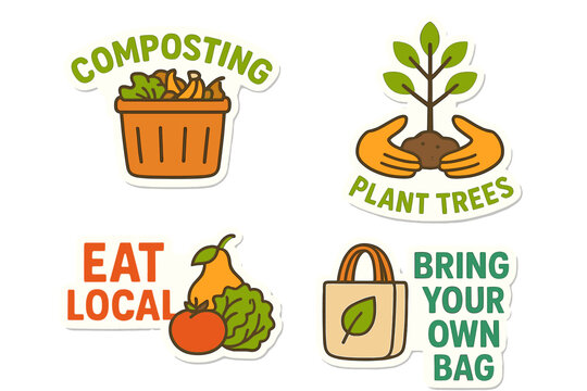 Vector illustration of a set of colorful stickers featuring eco-friendly concepts such as composting, tree planting, eating local food, and bringing your own bag, along with accompanying slogans and