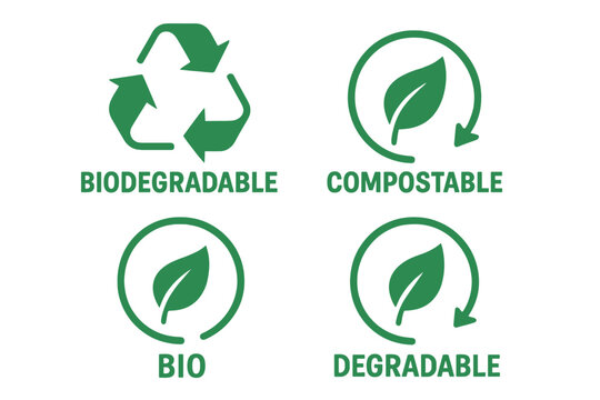 Eco-friendly labels including biodegradable compostable icons, bio recyclable and degradable package stamps, and vector recycle leaf symbols for recyclable plastic free bags
