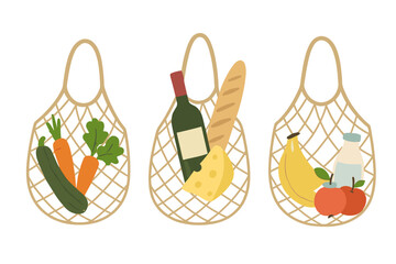Eco-friendly set of three shopping net bags filled with various products, representing a zero waste and plastic free concept, featuring diverse items from a local market in a colorful and trendy