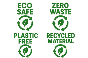 Vector label set made from recycled materials, featuring an eco-friendly and plastic-free design with a leaf cycle, promoting zero waste and an eco-safe lifestyle