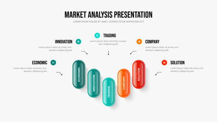 Marketing Strategy Slideshow Template Vector Illustration. Business Review Five Step Infographic Frame Design. Visual Forecast 5 Element Diagram Presentation Layout.