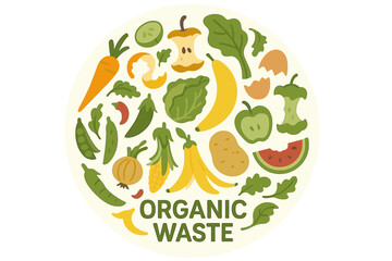 Round template Organic waste theme, featuring a collection of fruits and vegetables, serving as an illustration for home food processing, compost, organic waste, zero waste, and environmental issues