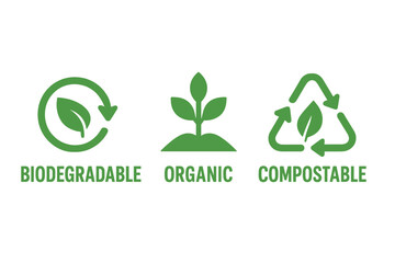 A set of biodegradable, organic, and compostable icons, featuring three green eco-friendly signs on a white background, symbolizing organic farming, environmentalism, healthy lifestyle, and