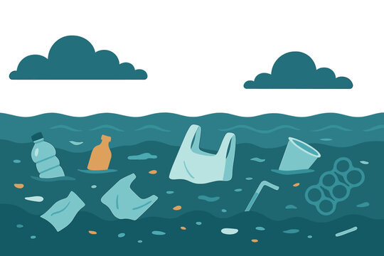 Ocean polluted and covered with floating plastic waste