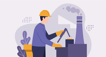 A factory worker in a hard hat and gloves operates machinery next to a smoking industrial chimney, depicted in a modern flat design style.